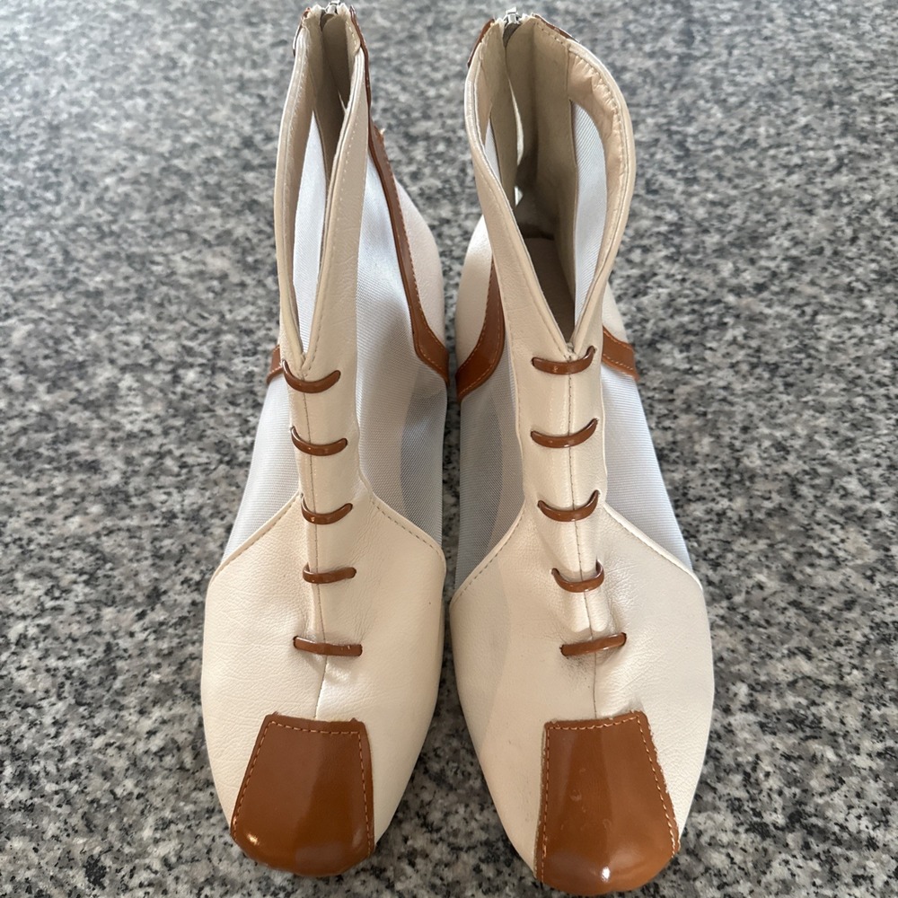 Unbranded Mesh Zipper Cream/ Brown Ankle Bootie Sz 42 Faux Leather Women's 11.5